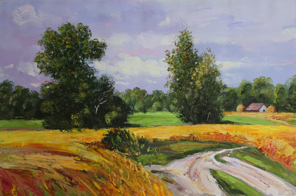 Impressionistic Landscape Acrylic Painting By Mir-Jan, 23 X 15", "Wheat Field", Original Artwork