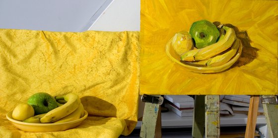 apple bananas and lemon on yellow