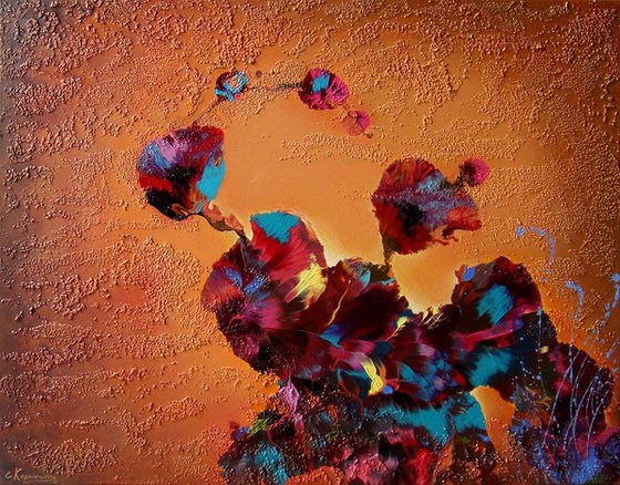 "Flowers at Sunset" Floral Abstract Painting 70 x 90 cm