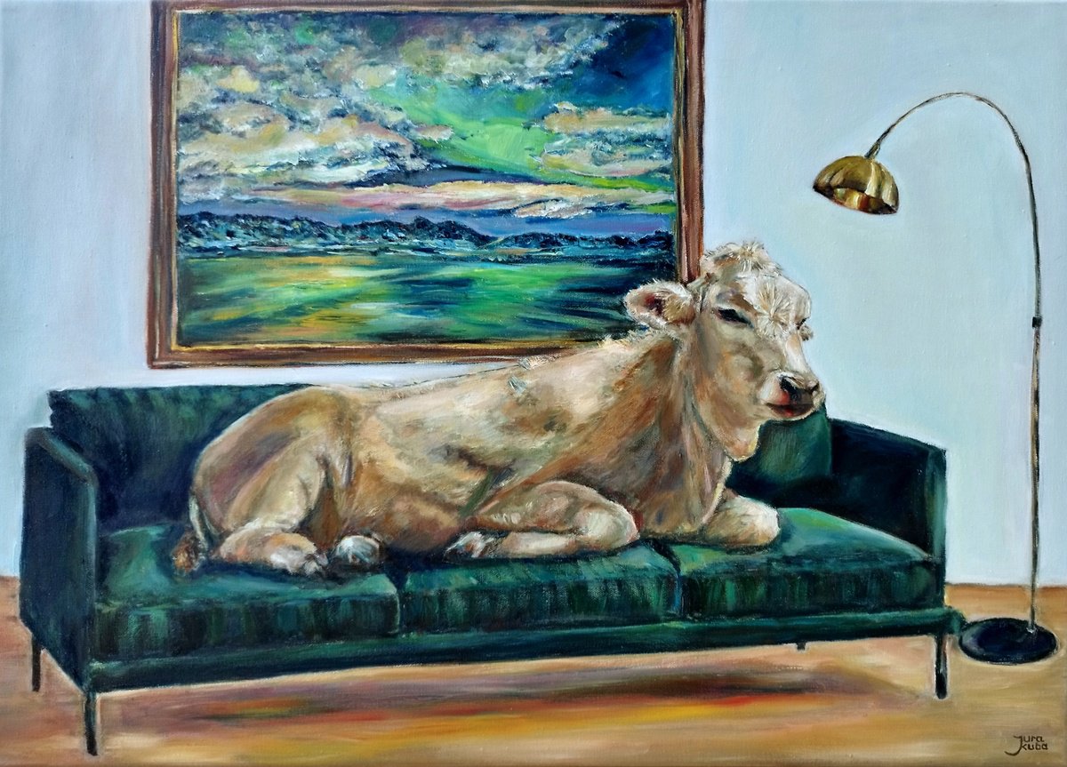 Cow At Home, oil on canvas, 70 x 50 cm by Jura Kuba Art