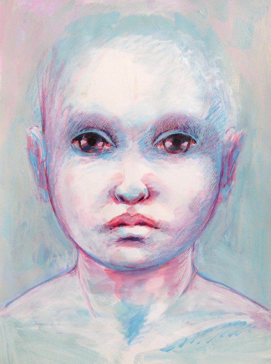 Baby girl - portrait of a child - mixed media painting on paper by Fabienne Monestier