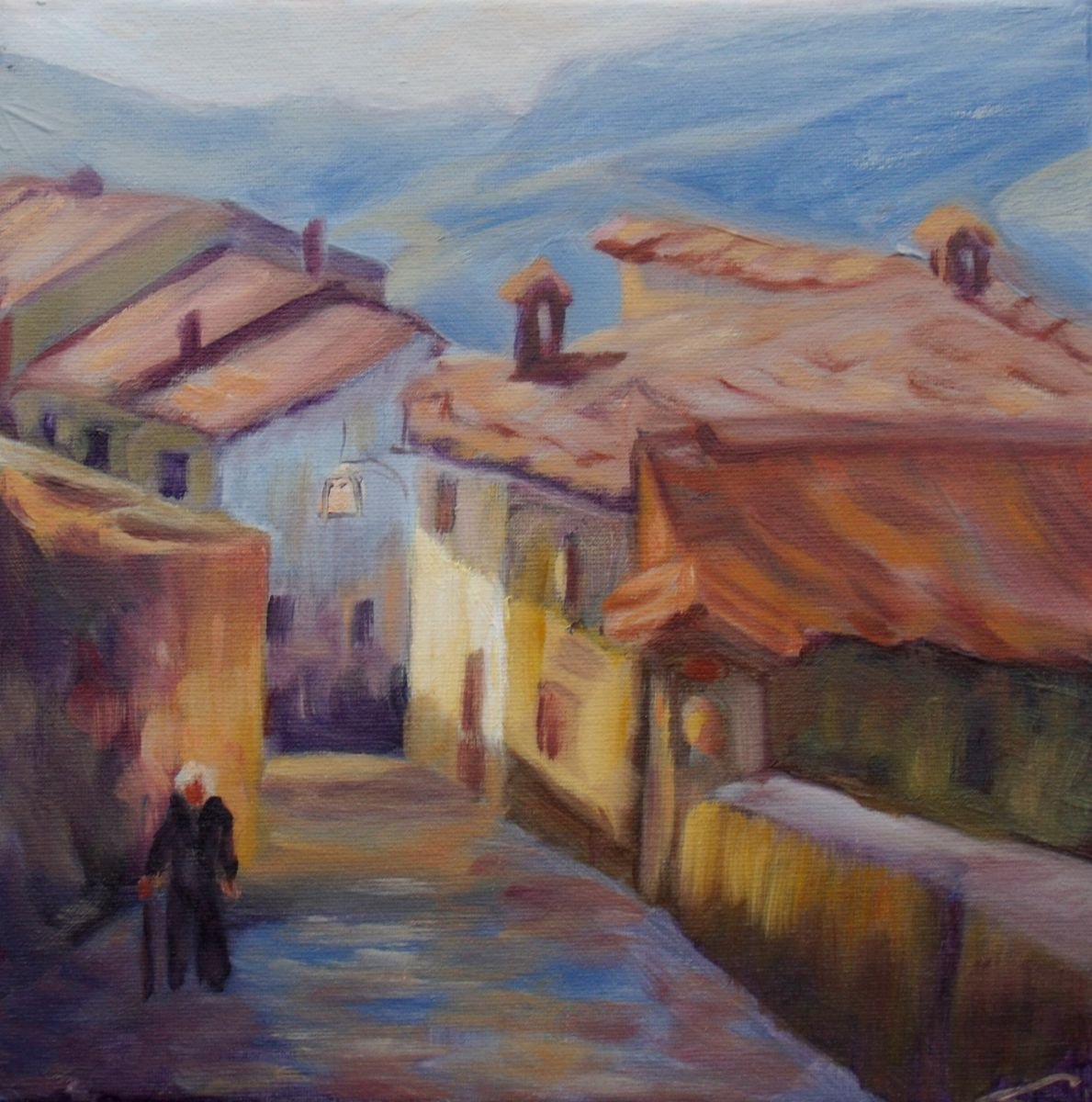 Impressionistic Cityscapes Oil Painting By Elena Sokolova, 12 X 12, Poppi, Original Artwork