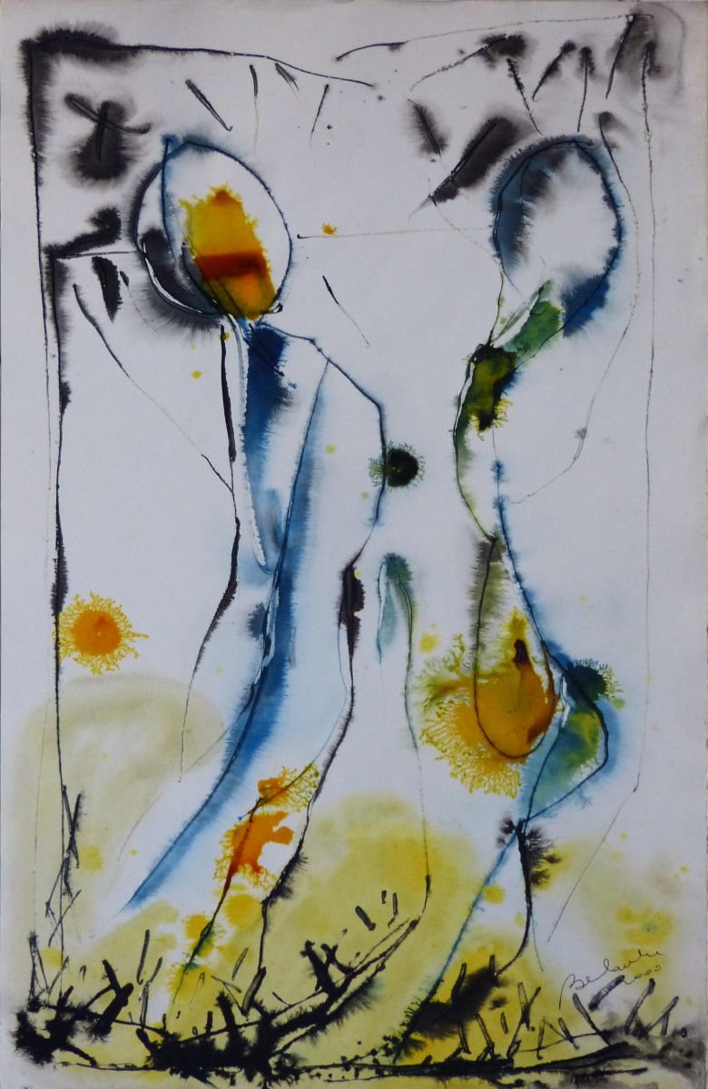 Abstract Portrait Ink Drawing By Frederic Belaubre, 13 X 20, Oblong Variation 7, Original Artwork