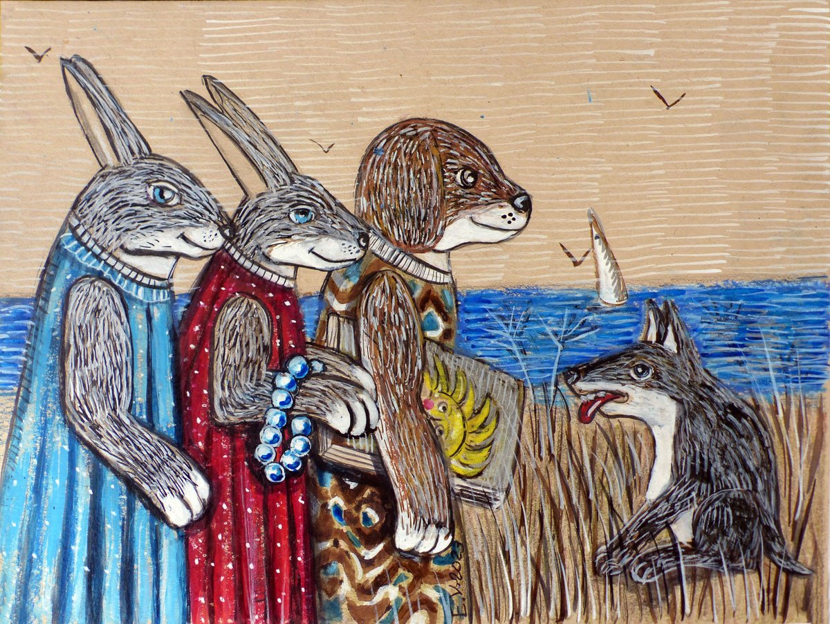 Illustrative Animal Painting By Elizabeth Vlasova, 12 X 9, Journey To Another World, Original Artwork