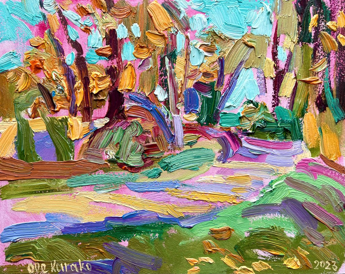 Impressionistic Landscape Oil Painting By Ole Karako, 12 X 9", Golden Autumn In The Park, Original Artwork