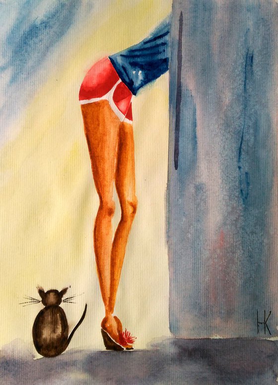 Girl and cat original watercolor painting" Midnight meal"