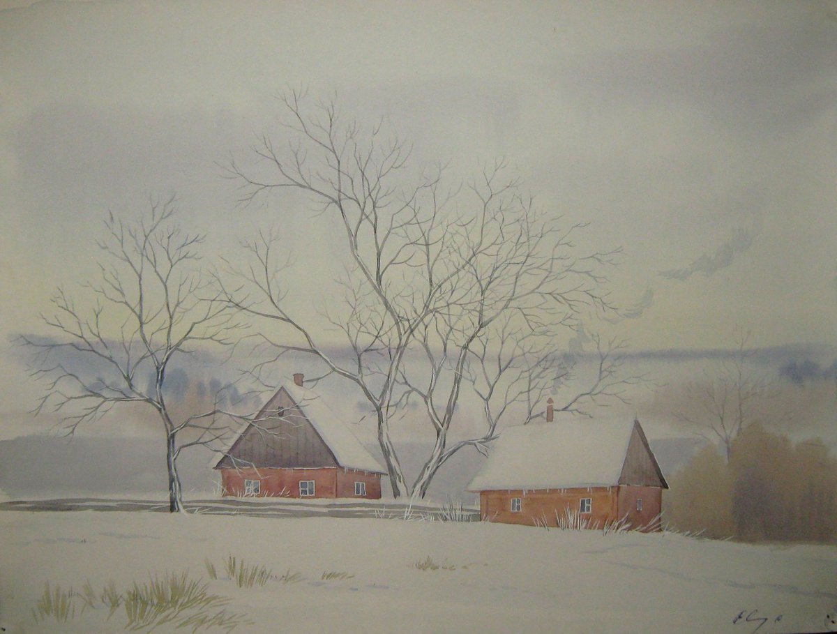 Impressionistic Landscape Watercolour By Valeriy Savenets-1, 16 X 12", In The Middle Of Winter, Original Artwork