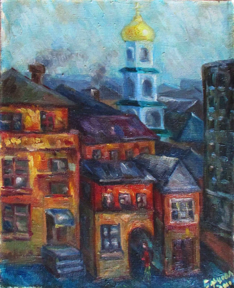 Impressionistic Cityscapes Oil Painting By Kateryna Bortsova, 16 X 20", Courtyard Landscape Painting, Original Artwork