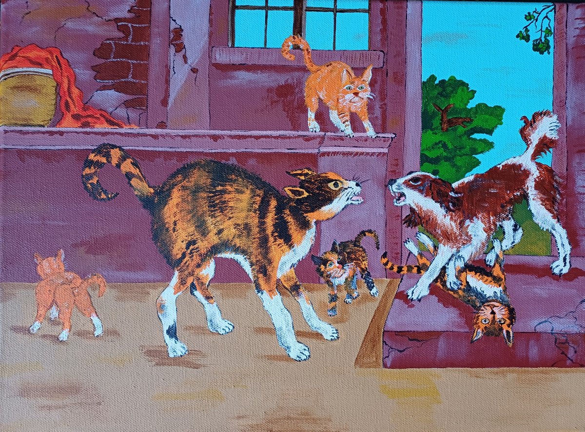 Expressive Animal Acrylic Painting By Corinne Hamer, 16 X 12, Cats And Dog, Original Artwork