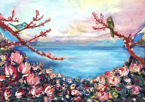 Magnolias - Geneva-Leman lake swiss landscape, original oil art painting on stretched canvas by Nino Ponditerra