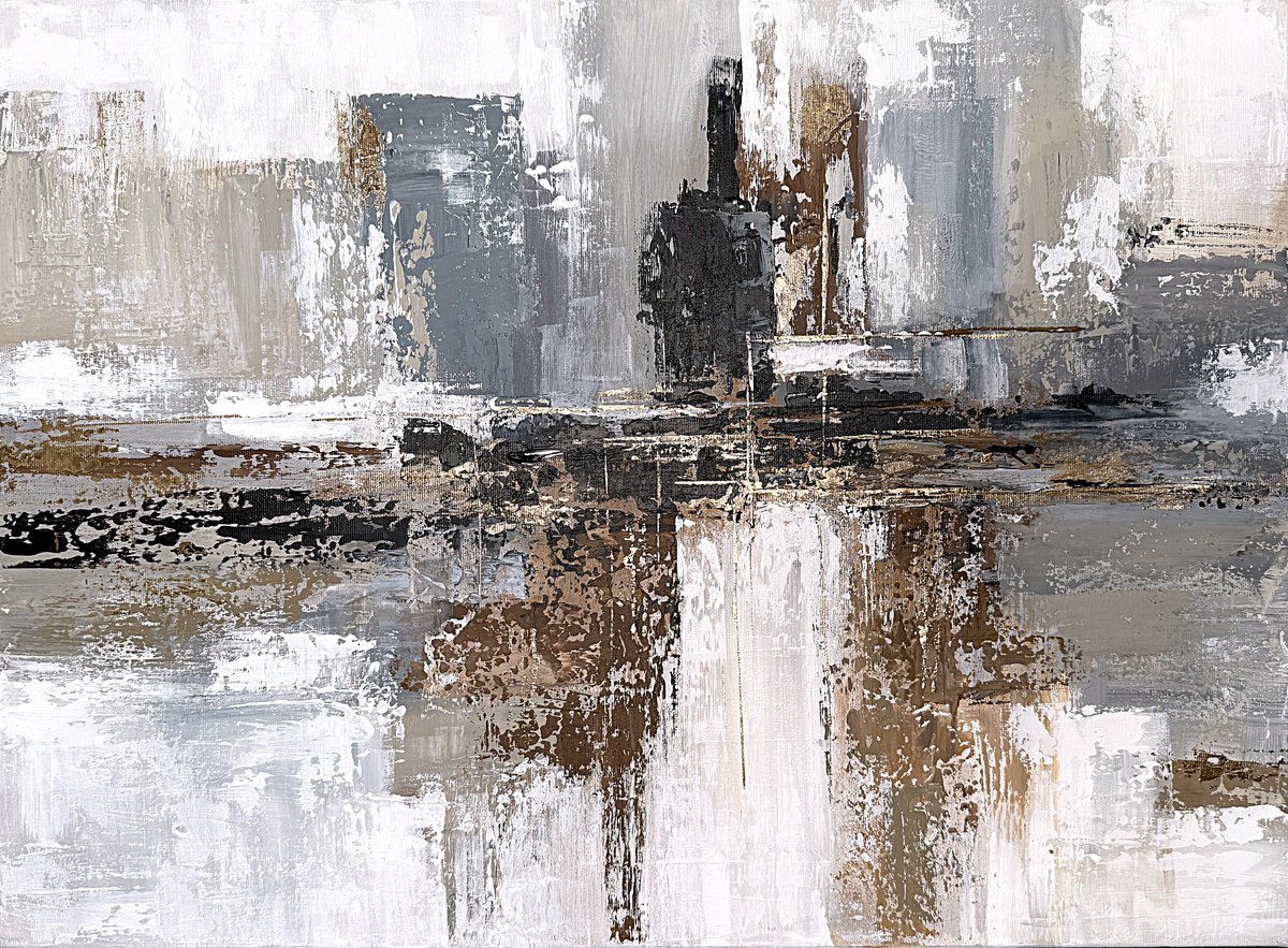 Geometric Cityscapes Acrylic Painting By Tatiana Malinovscaia, 28 X 20", Whispers Of Stone And Sand, Original Artwork