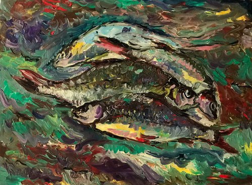 Morning Catch - Catch of the Day - Still Life with Fish - Animal Art - Medium Size - Kitchen Decor - Fishing -  60x80 by Karakhan