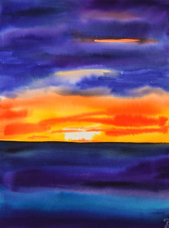 Seascape painting, sunset seaside original watercolor painting, sea ocean wall art