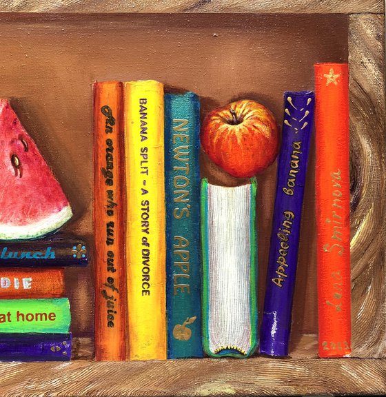 Bookshelf with fruits