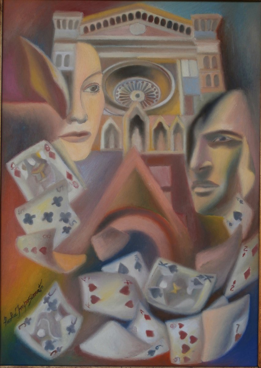 Surrealistic Portrait Oil Painting By Paola Imposimato, 26 X 34", The Last Meeting, Original Artwork