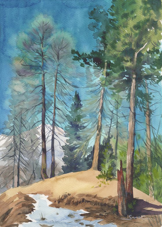 Forest Snow Art Original Watercolor, Winter Landscape painting