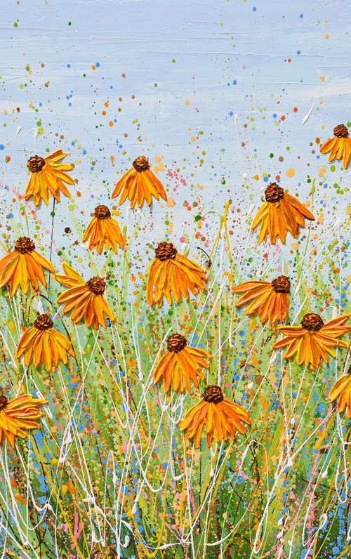 Yellow echinacea - Impasto Floral Painting on Canvas by Olga Tkachyk