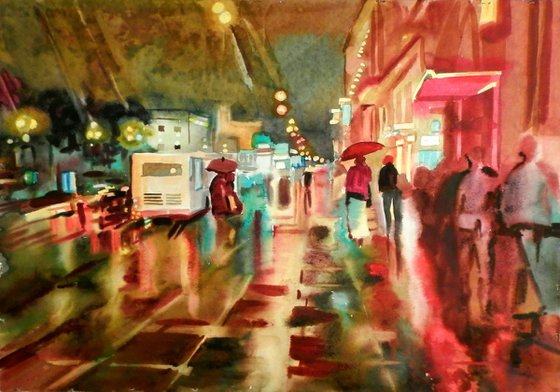 Rain in the city, large watercolor 98x68 cm