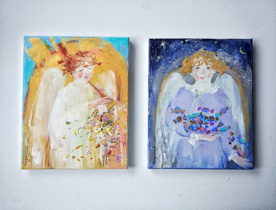 Christmas angel with fife | Christmas little series | Original oil painting