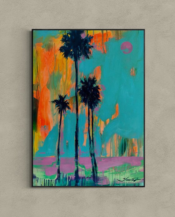 Blue&Orange artwork - "Pink sea" - Pop Art - Florida - California - Palms - Street Art - Expressionism - Sunset