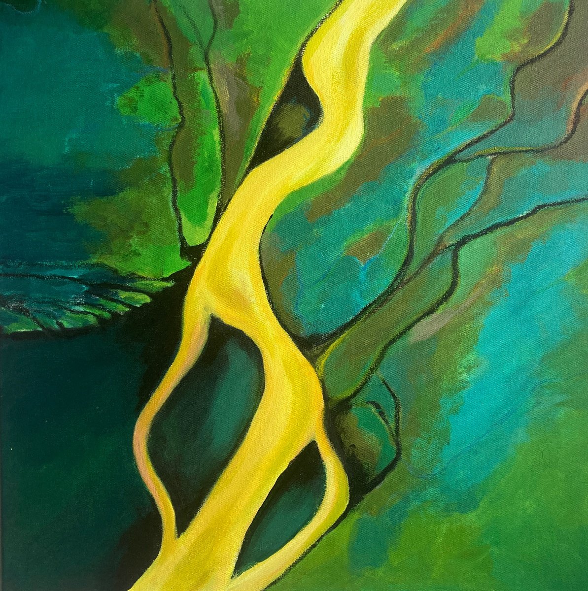 Impressionistic Landscape Acrylic Painting By Phil Randles, 25 X 25", The Yellow River Ii, Original Artwork