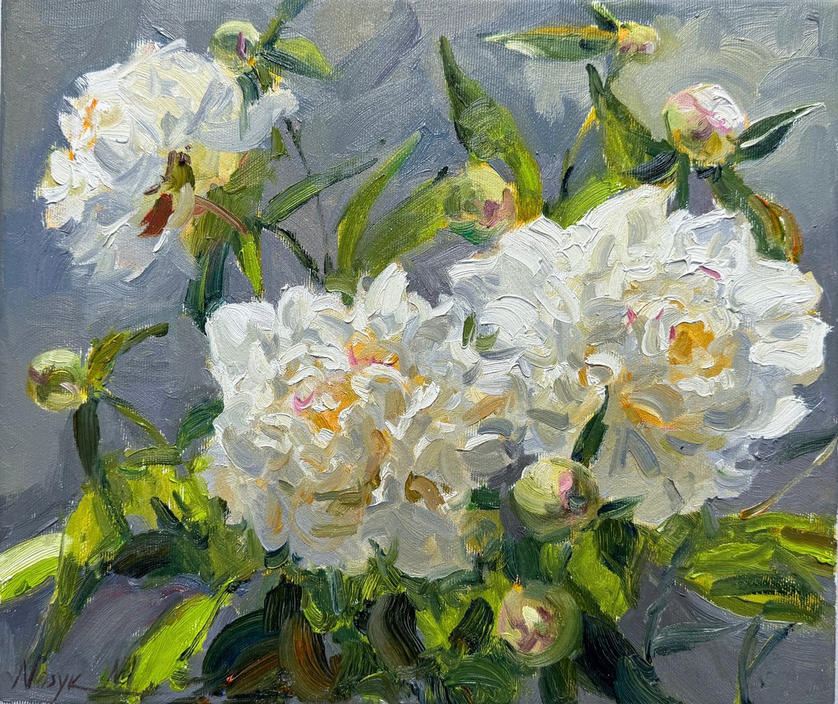 Impressionistic Botanical Oil Painting By Nataliia Nosyk, 14 X 12", Lush White Peonies In Bloom, Original Artwork