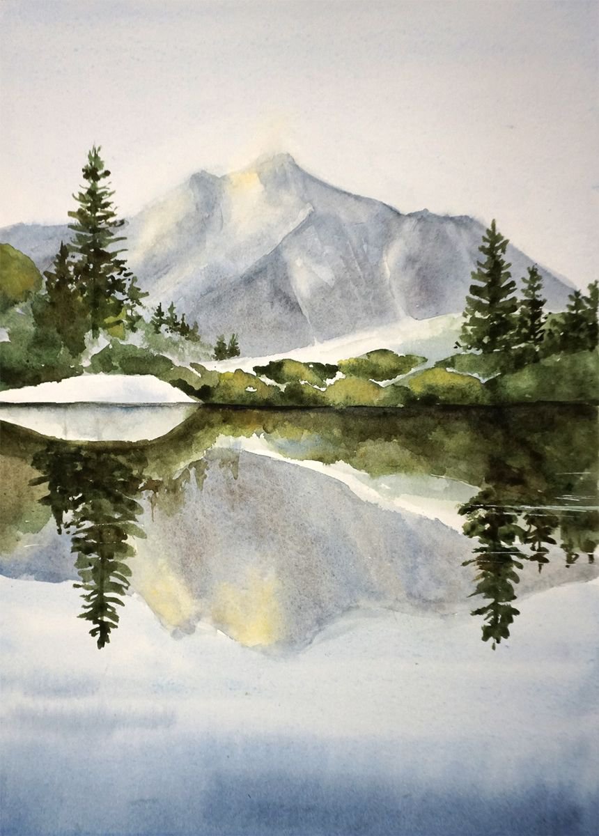Morning Landscape ORIGINAL Painting - Forest, Lake, Nature Watercolour by Shvets Artfinder