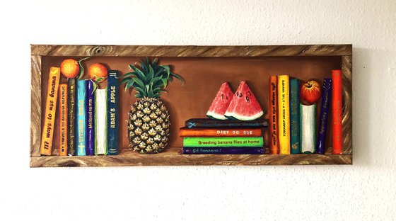 Bookshelf with fruits