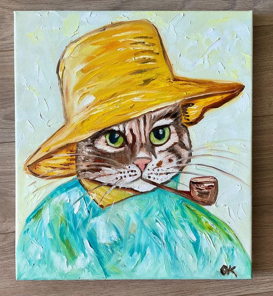 Cat La Vincent Van Gogh with a pipe. by his self portrait in a straw hat.