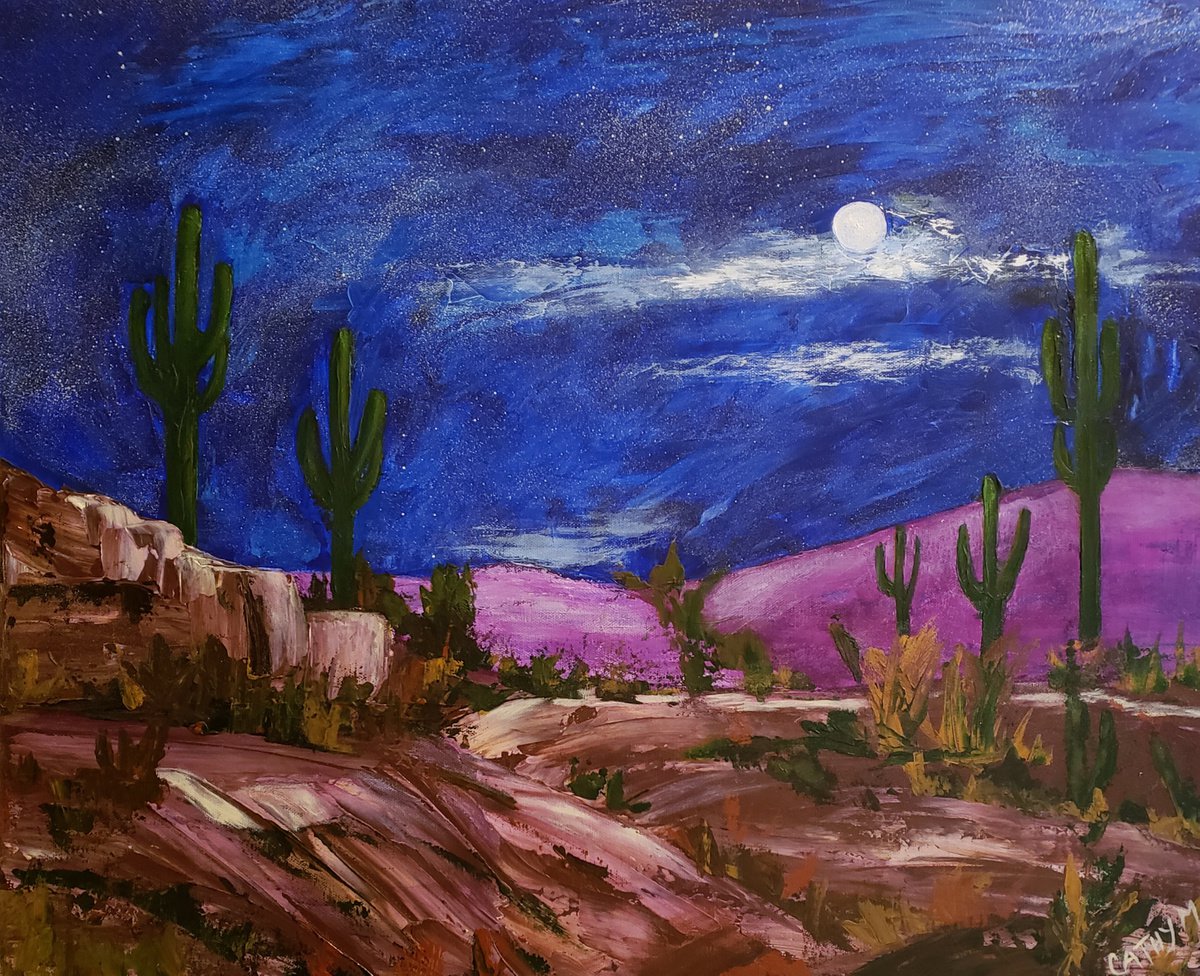 Impressionistic Landscape Acrylic Painting By Cathy Maiorano, 24 X 20, Desert Moon, Original Artwork