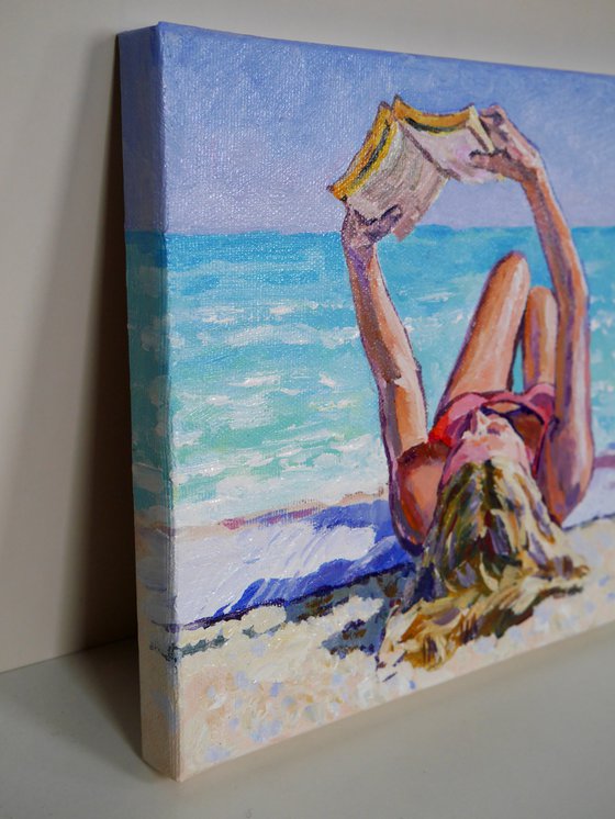 "GIRL, BOOK, SEA, BEACH." ORIGINAL  PAINTING, READY TO HANG, WALL DECOR, GIFT IDEA