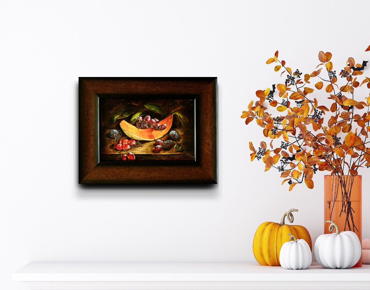 Photorealistic Still Life Oil Painting By Inga Loginova, 5 X 5, Grapes ,Plums With A Melon, Original Artwork