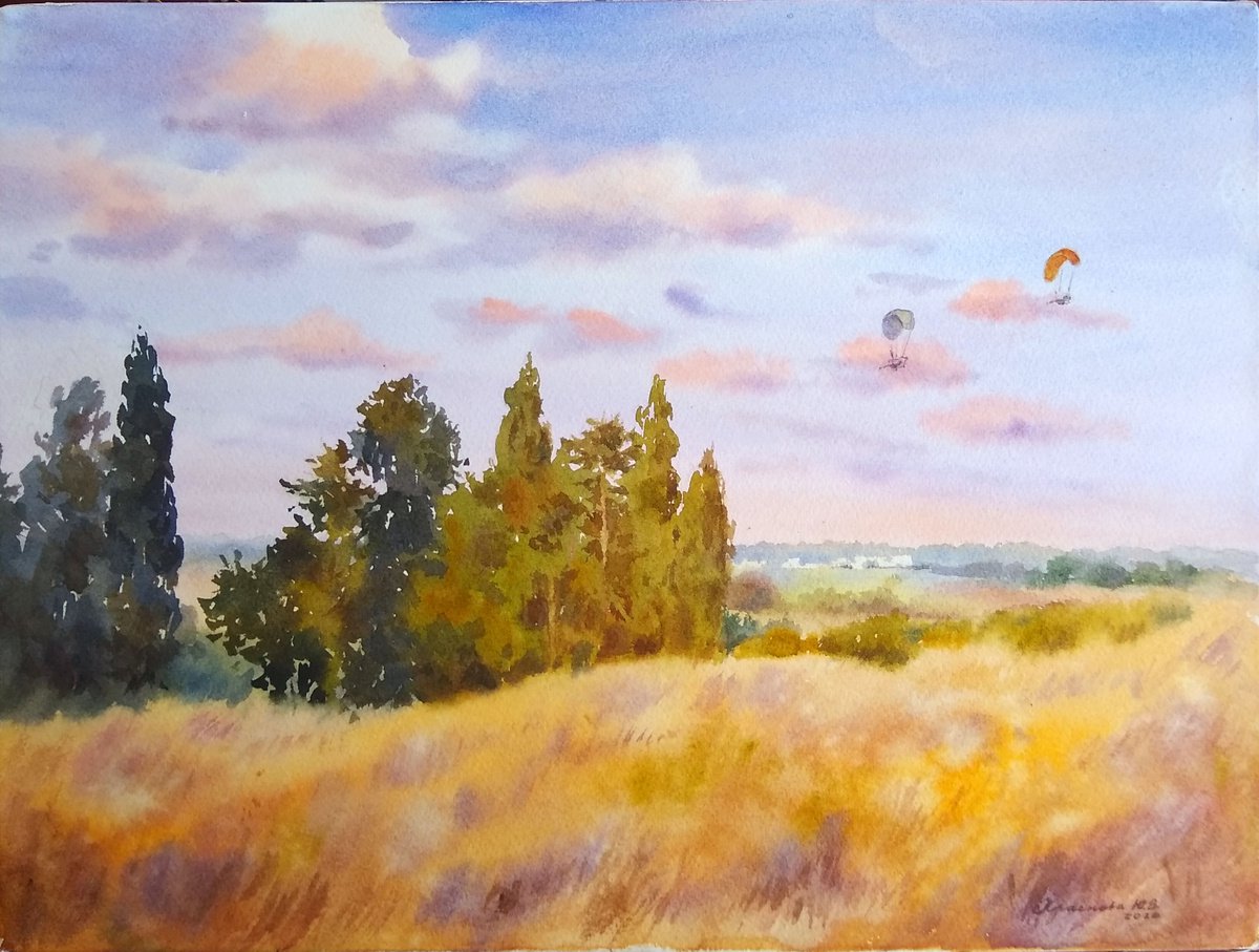 Photorealistic Landscape Watercolour By Yulia Krasnov, 16 X 12", Flying In Pink Clouds, Original Artwork