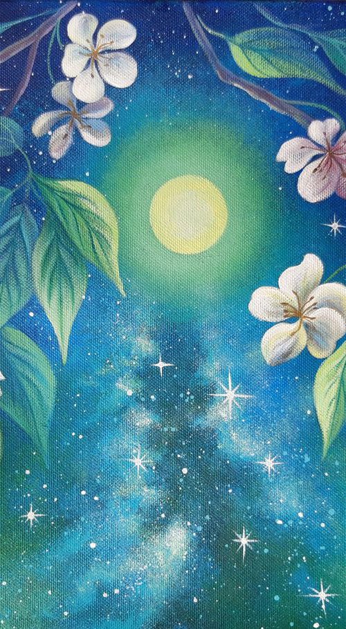 "Starry night", blossom painting, moonscape, floral art by Anna Steshenko