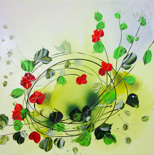 "Swirling Flowers #2” acrylic square artwork with roses 50x50cm by Anastassia Skopp