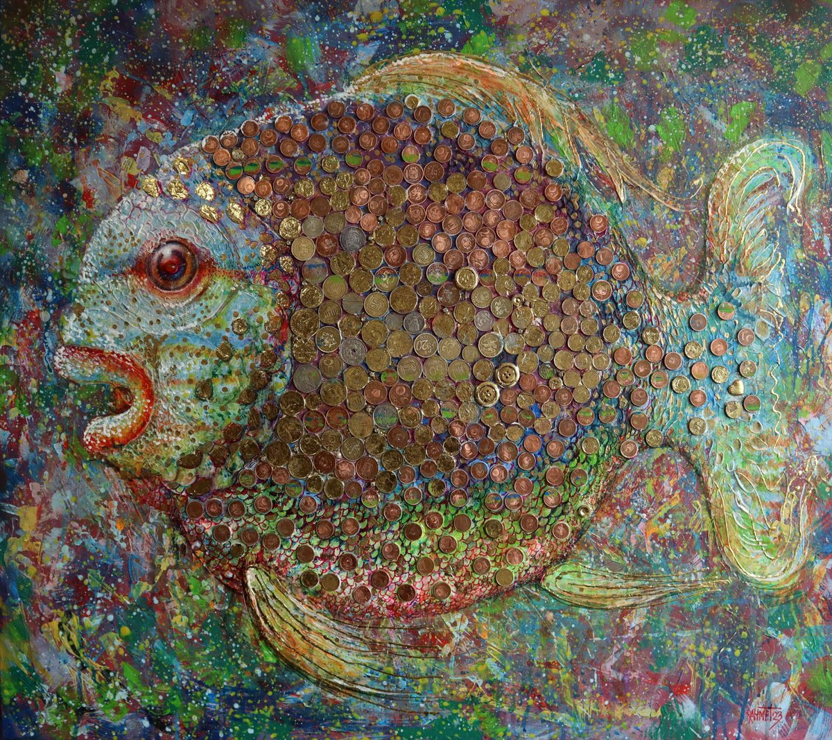 Impressionistic Animal Acrylic Painting By Rakhmet Redzhepov, 31 X 28", Happy Fish., Original Artwork