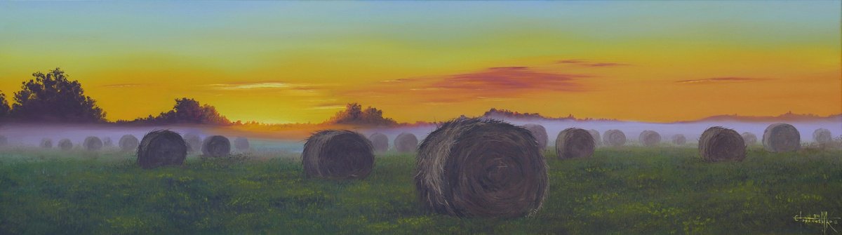 Photorealistic Landscape Oil Painting By Eugene Gorbachenko, 52 X 15, Morning, Original Artwork