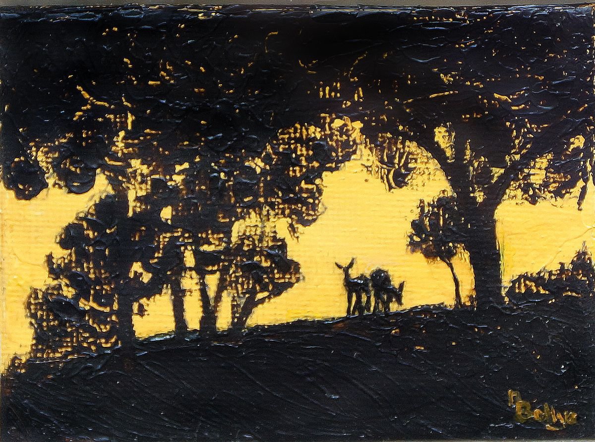 Deer At Sunset - ACEO Size - Oil On Canvas - Framed by Margaret Battye