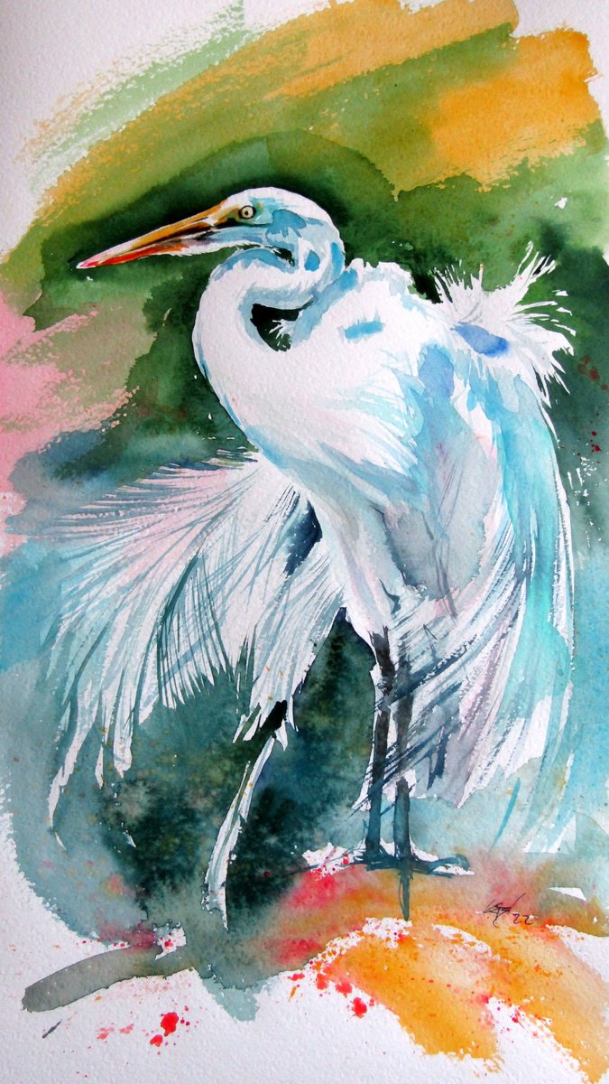 Impressionistic Animal Watercolour By Kovacs Anna Brigitta, 11 X 20", White Heron, Original Artwork