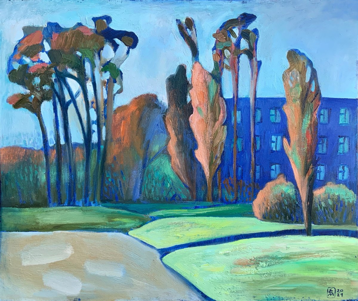 Impressionistic Cityscapes Acrylic Painting By Elena Tomilova, 24 X 20, Blue House, Original Artwork