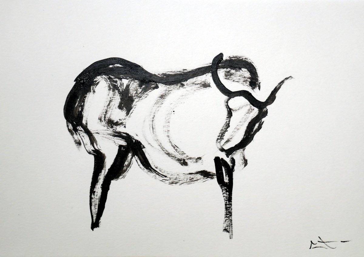 Expressive Animal Ink Drawing By Lionel Le Jeune, 12 X 8", Buffle, Original Artwork