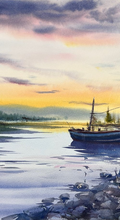 A lonely boat at sunset by Eugenia Gorbacheva