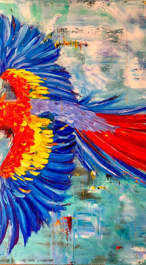 BRIGHT FLIGHT - Bright tropical bird. Large parrot macaw. Tropical parrot. Red bird. Blue parrot macaw. Big wings. Flight. Abstract background. by Marina Skromova
