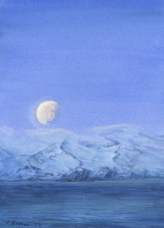 Somewhere in Iceland. Half-moon (Third Quarter) / ORIGINAL watercolor ~11x14in (28x38cm)