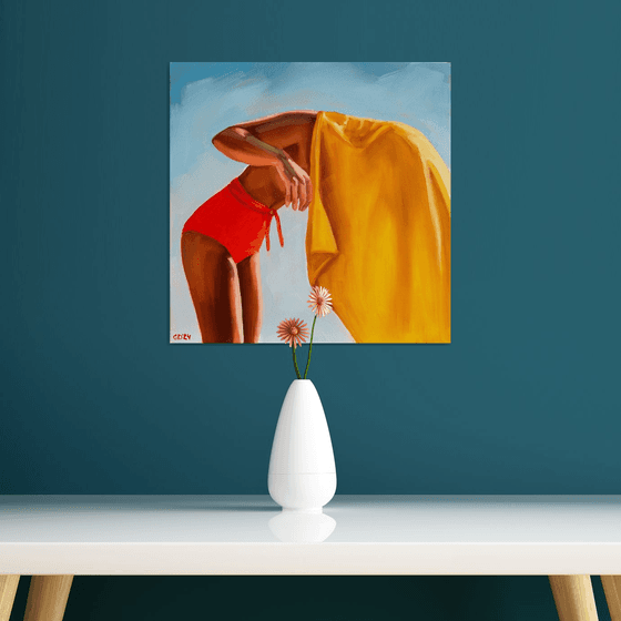 Girl with Yellow Towel - Woman on Beach Painting