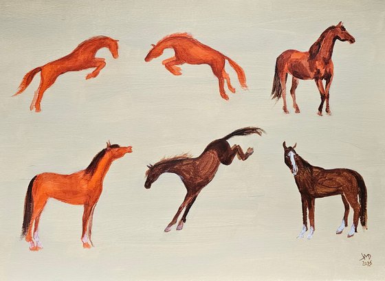 Six chestnut minimalist horses in motion