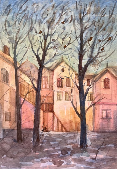 Ukrainian artwork cityscape watercolour painting by Roman Sergienko