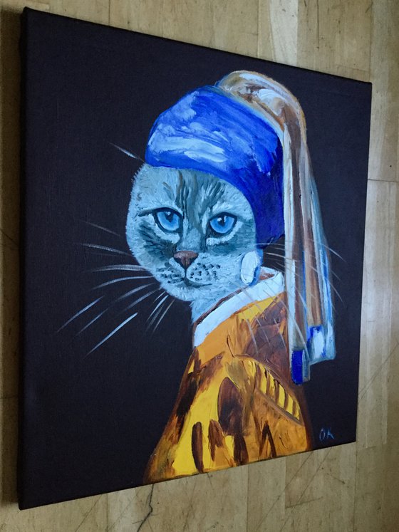 Cat with the pearl earring and blue eyes  inspired by Vermeer painting feline art for cat lovers gift idea