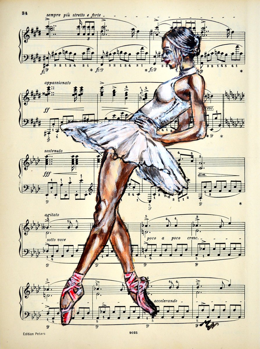 Expressive Portrait Collage By Misty Lady - M. Nierobisz, 9 X 12", Ballerina Xxxvii- Music Page, Original Artwork