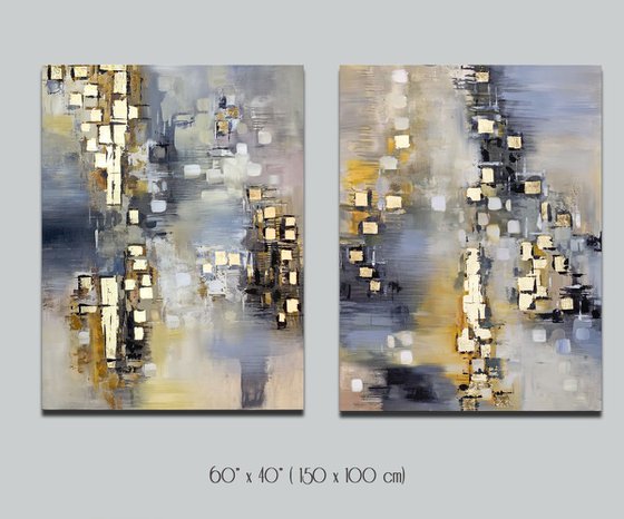 Neutral Elements - Abstract Painting Set of Two Paintings, Multi Panel Abstract, ORIGINAL Painting, Gold Leaf Painting, Black and Gold, Large Art